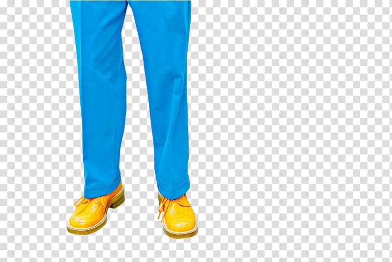 person showing blue pants and pair of yellow shoes, Blue Trousers and Yellow Shoes transparent background PNG clipart
