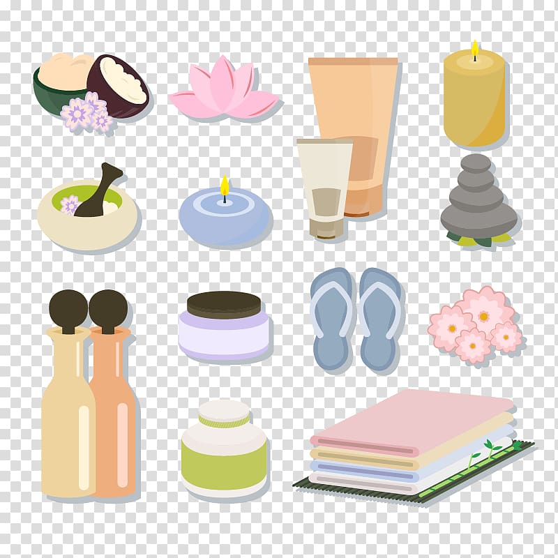 pink flower, pair of gray flip-flops, and two bottles , Spa Cosmetics Euclidean Massage Cosmetology, Women Makeup Tools material transparent background PNG clipart