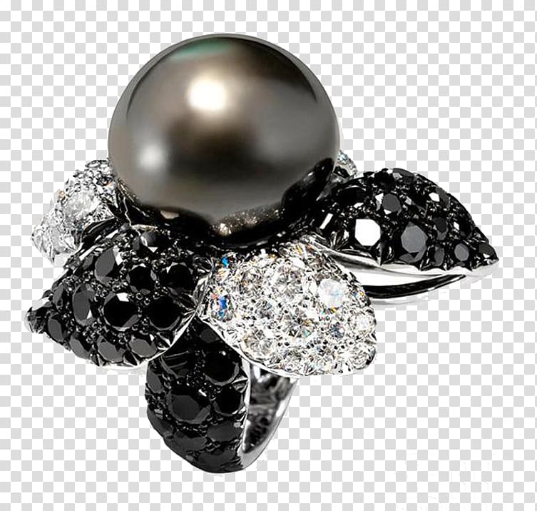 Earring De Grisogono Jewellery Pearl, Black diamond inlaid pearl flower ring in kind promotion transparent background PNG clipart