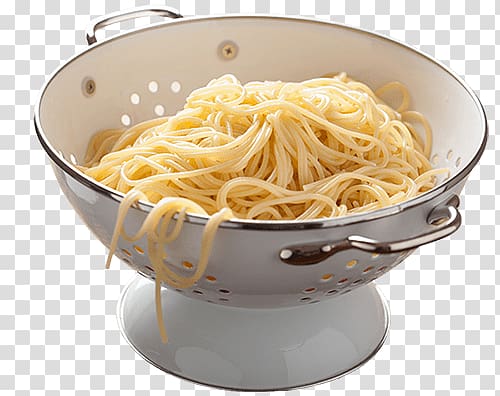 cooked pasta in white ceramic strainer, Spaghetti In Sieve transparent background PNG clipart