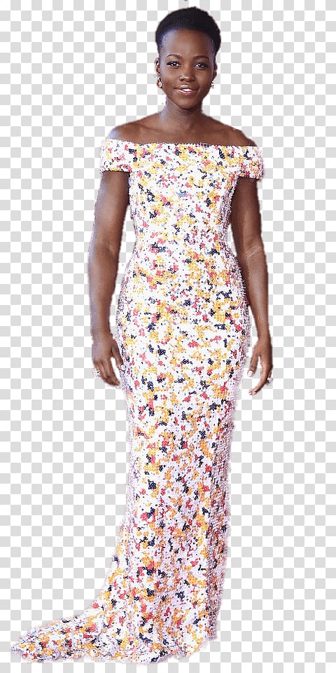 woman wearing floral off-shoulder maxi dress, Lupita Nyong'o Full transparent background PNG clipart