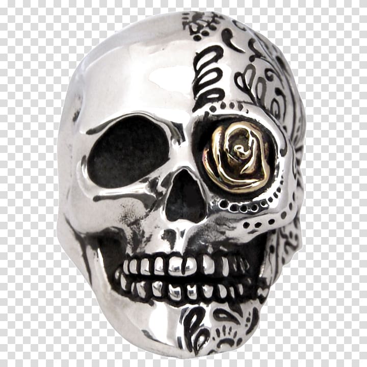 Sterling silver Skull Calavera Face, silver transparent background PNG clipart