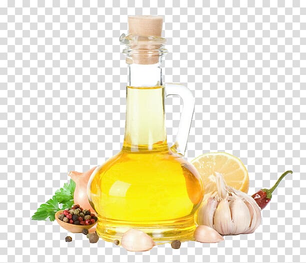 clear glass bottle filled with oil beside garlic, Cooking oil Vegetable oil Canola Perilla oil, Cooking oil transparent background PNG clipart