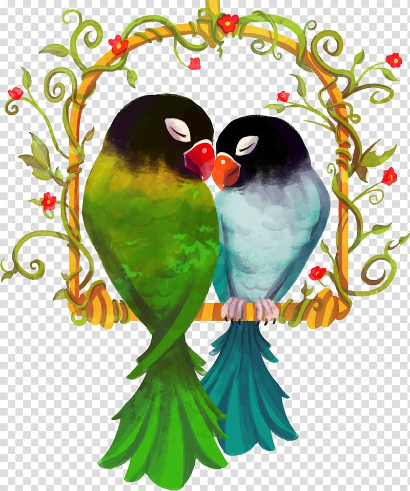 two blue and green lovebirds , Rosy-faced lovebird True parrot Watercolor painting, Love birds hand-painted transparent background PNG clipart