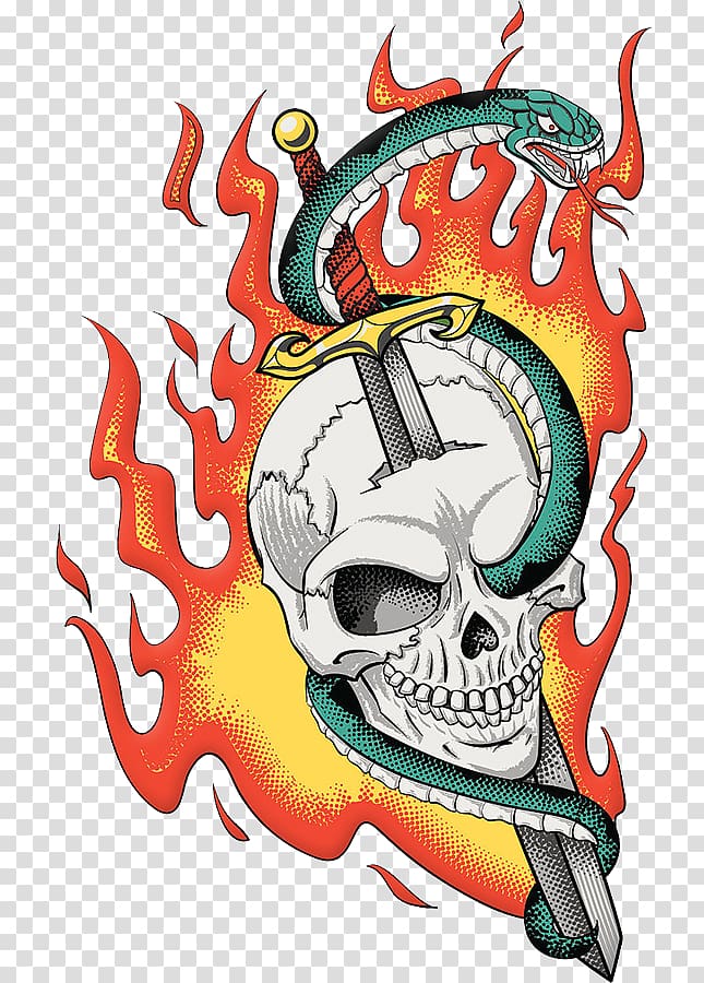 Snake Skull Illustration, Flame skull transparent background PNG clipart