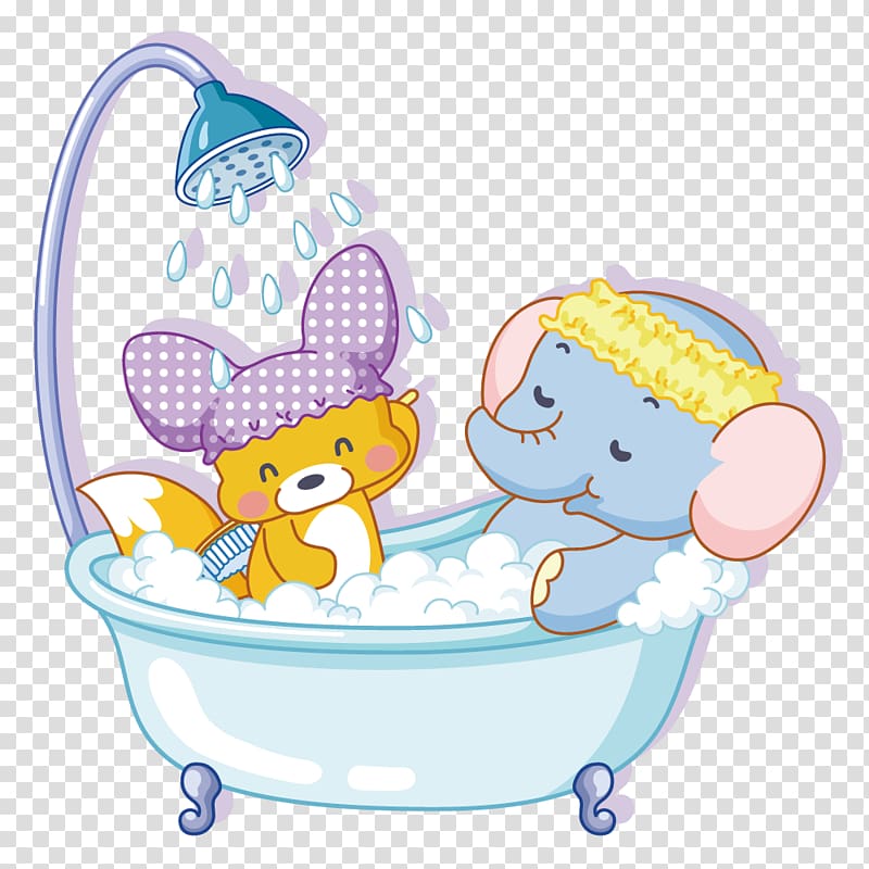 elephant and fox on bathtub , Bathtub Shower Cartoon Bathing, Shower elephant and the fox transparent background PNG clipart