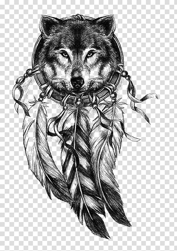 wolf with dreamcatcher illustration, Gray wolf Dreamcatcher Tattoo Drawing, Wolf Avatar transparent background PNG clipart
