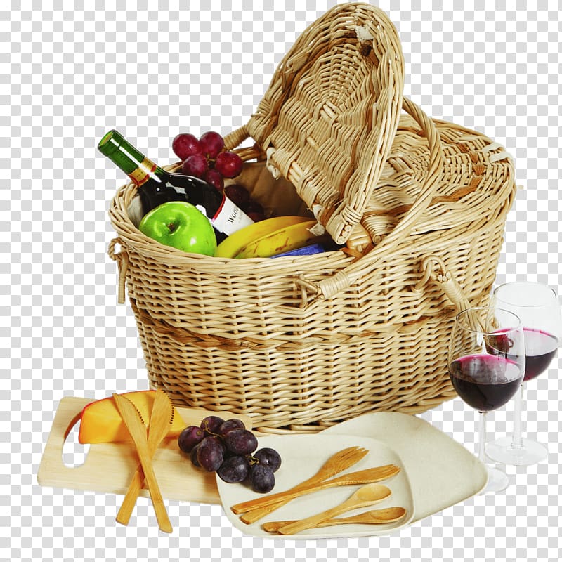 wicker picnic basket with fruit and wine bottles, Filled Picnic Basket transparent background PNG clipart
