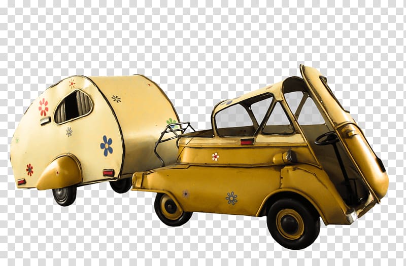 vintage vehicle pulling camper trailer , Vintage Small Car With Camper Side View transparent background PNG clipart