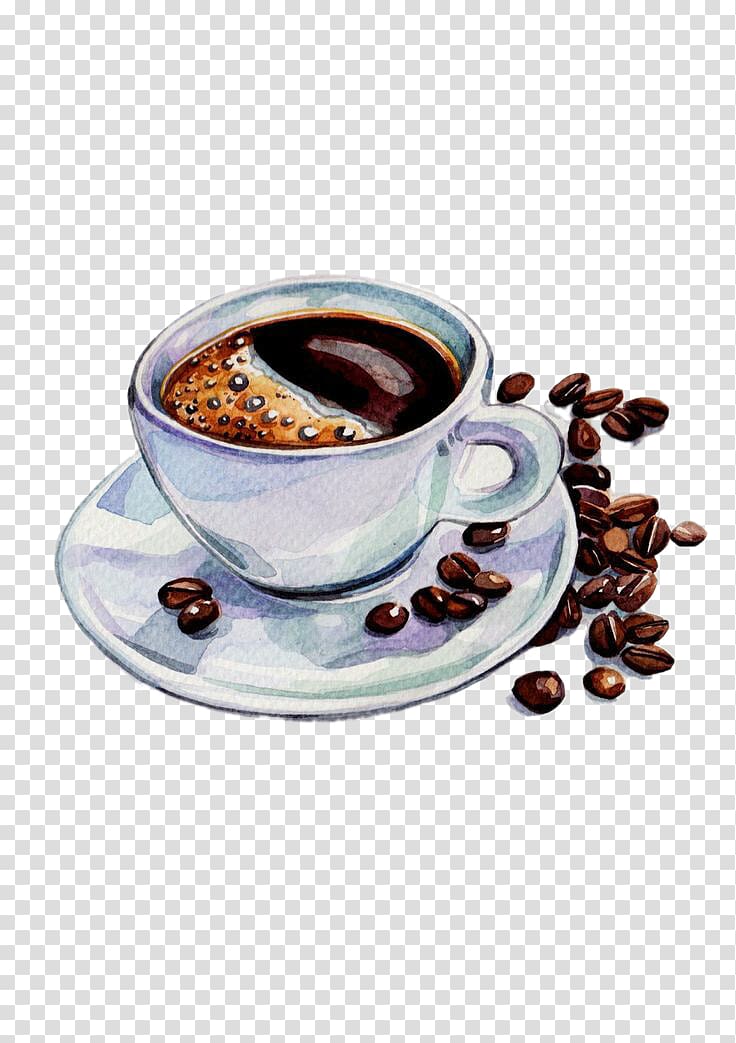gray mug filled with coffee art, Coffee Tea Espresso Cafe Watercolor painting, Coffee and coffee beans transparent background PNG clipart