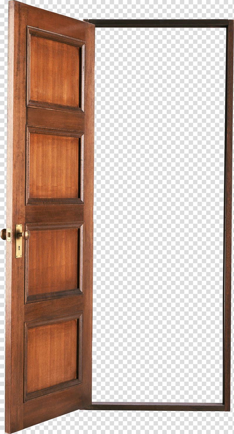 brown wooden 4-panel door, Sliding glass door Window Door handle, Open door transparent background PNG clipart