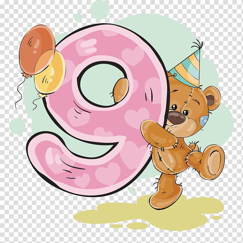 brown teddy bear holding 9 inflatable balloon graphic, Teddy bear Letter Stuffed toy, number 9 cubs transparent background PNG clipart