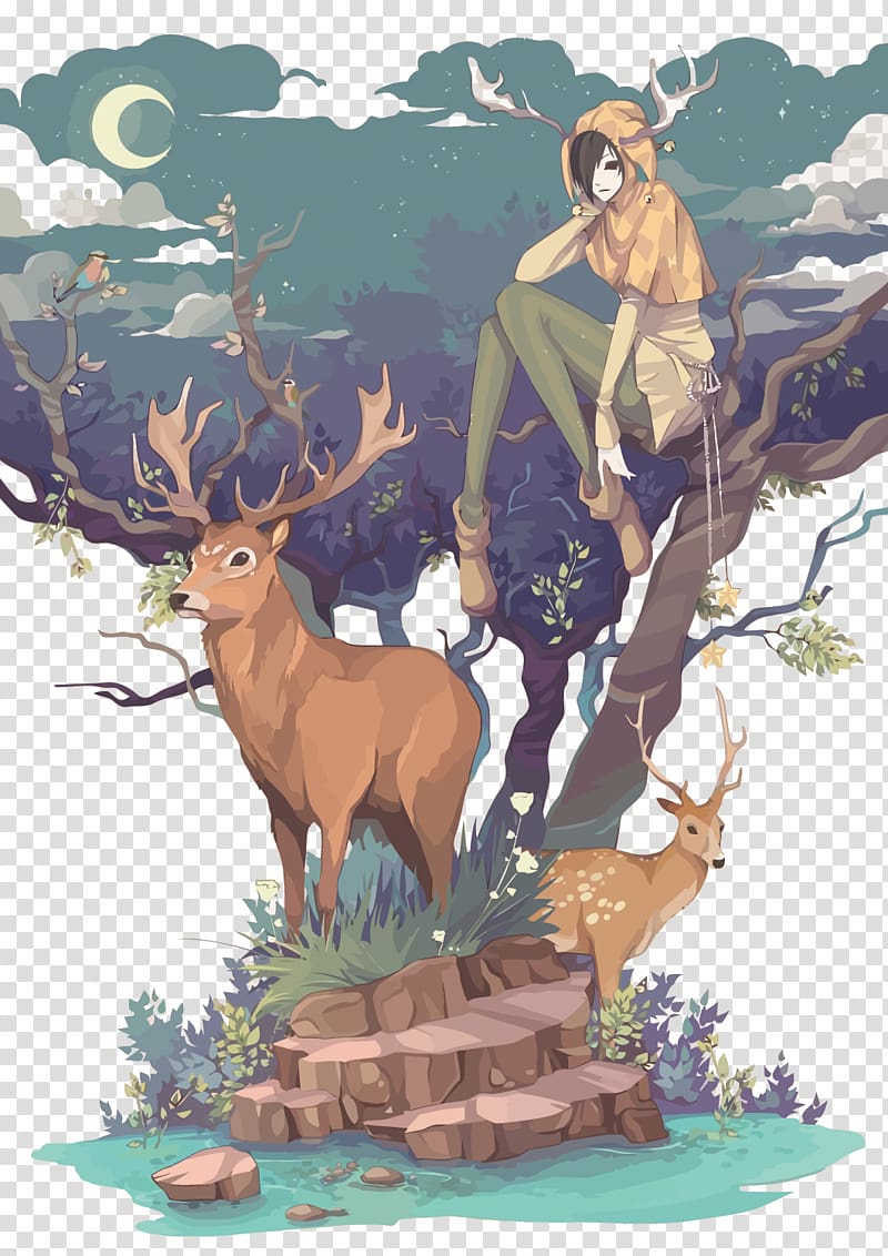 woman sitting in tree and deer , Artist Drawing Painting Illustration, forest transparent background PNG clipart