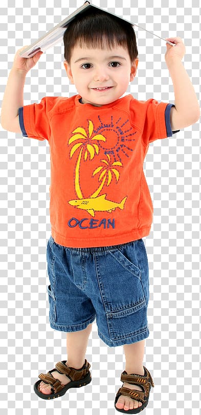 boy wearing orange shirt and blue shorts holding book on his head, Pre-school Child care Education, child transparent background PNG clipart
