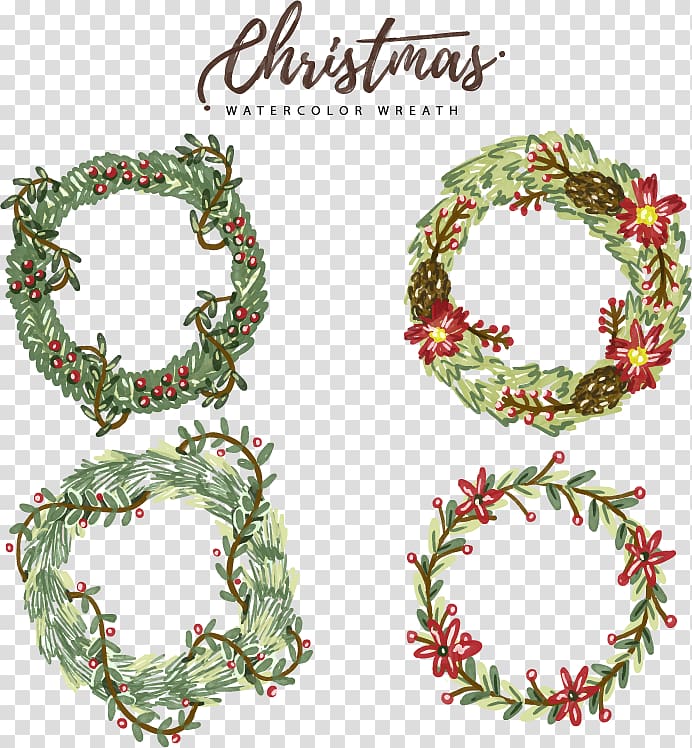 Hand-painted watercolor holiday wreath transparent background PNG clipart