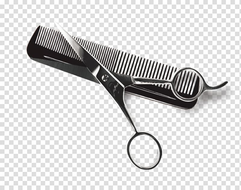 gray scissors on black hair comb, Comb Beauty Parlour Scissors Hair care, Scissors Combs transparent background PNG clipart