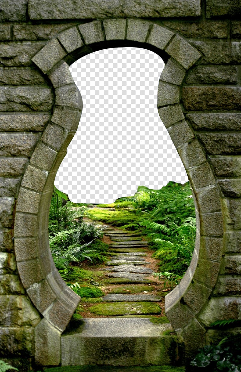 pathway in between green plants through window, Child art , Retro stone gate hoist transparent background PNG clipart