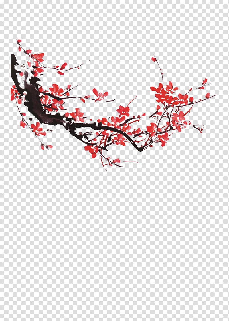 tree branch with red leaves, China Chinese New Year Ink , Plum flower transparent background PNG clipart