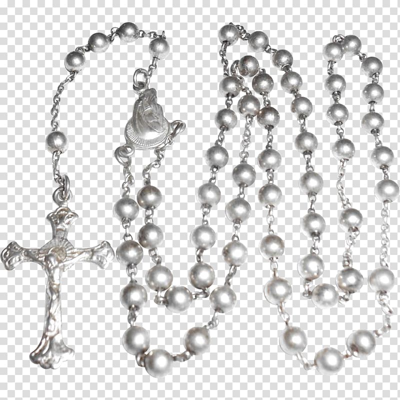 Pearl Rosary Christianity Sterling silver Bead, silver transparent background PNG clipart
