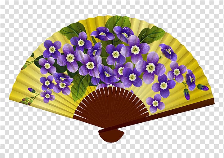 Hand fan Paper Painting, A purple flower fan transparent background PNG clipart