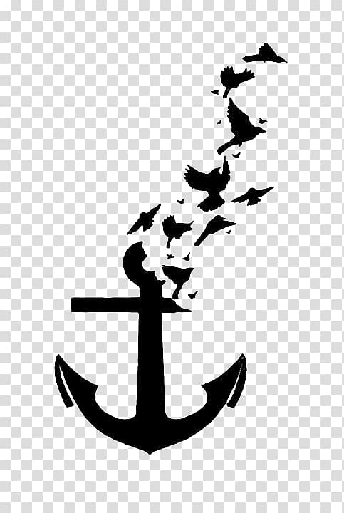 white and black anchor illustration, Bird Tattoo Anchor Wall decal, anchor transparent background PNG clipart