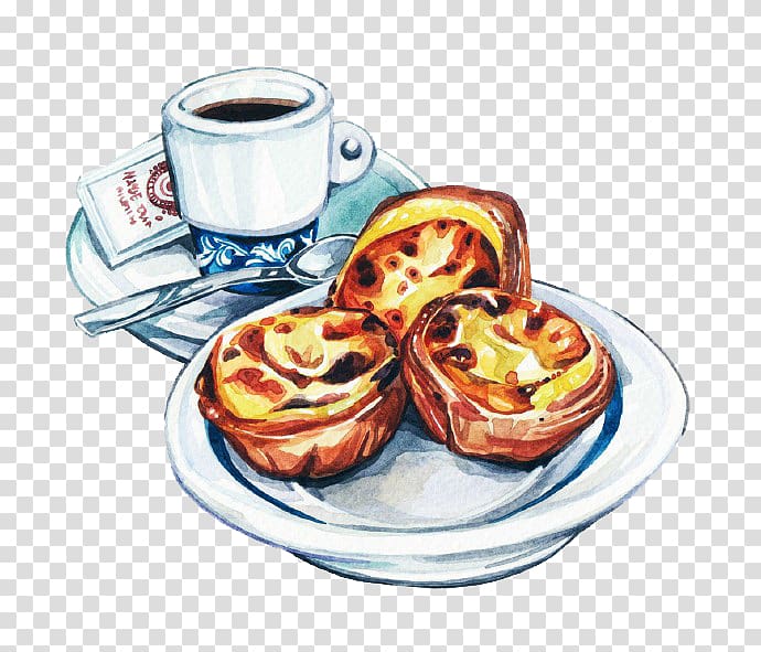 Coffee Dim sum Tea Egg tart Watercolor painting, Cartoon egg tart coffee transparent background PNG clipart