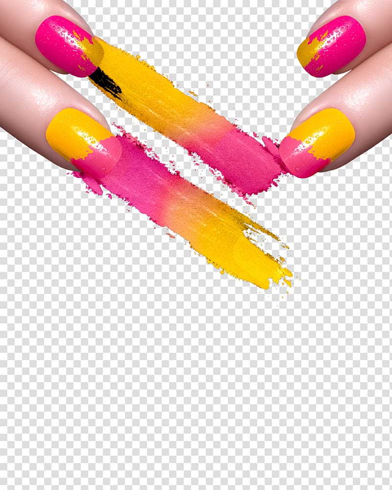 illustration of finger with pink and yellow nail polishes, Nail art Manicure Gel nails Nail polish, Nail transparent background PNG clipart