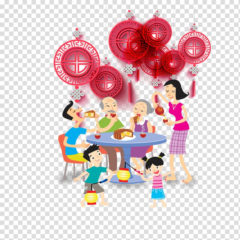 family eating cake art illustration, Mooncake Mid-Autumn Festival , Family Mid Autumn Festival reunion electricity supplier posters transparent background PNG clipart