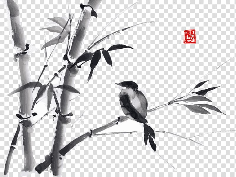 bird perching on bamboo tree art, Ink wash painting Drawing Bamboo Japanese art, Ink Bamboo transparent background PNG clipart
