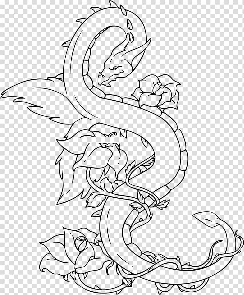 dragon and flower illustration, China Chinese dragon Drawing Tattoo, Long Tree transparent background PNG clipart