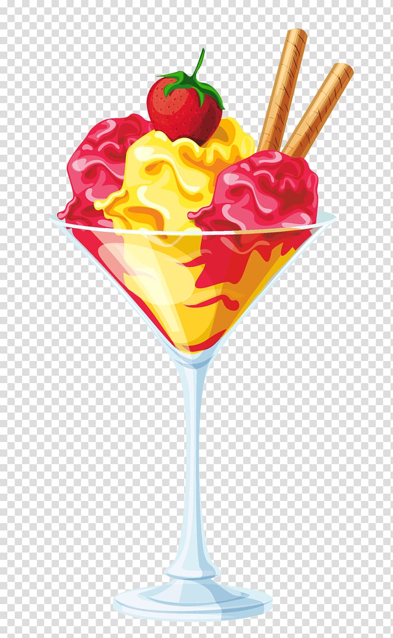 ice cream on cocktail glass sticker, Ice cream cone Sundae Chocolate ice cream, Yellow Red Ice Cream Sundae transparent background PNG clipart