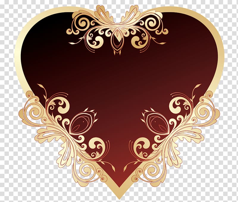brown and red floral heart artwork, Heart Red , Dark Red Heart with Decorations transparent background PNG clipart