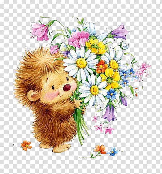 hedgehog holding flowers illustration, Drawing Painting Illustrator Illustration, Holding flowers hedgehog transparent background PNG clipart