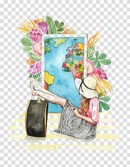 illustration of woman with feet on bag in front of flower decors, Watercolor painting Fashion illustration Drawing Travel Illustration, Drawing Girls transparent background PNG clipart
