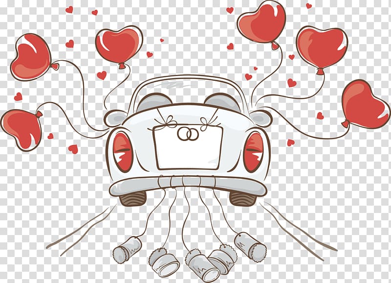 car with hearts balloon illustration, Wedding invitation , Just Married transparent background PNG clipart