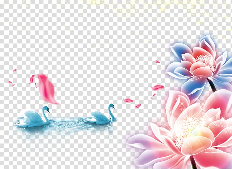 blue and pink petaled flowers and two swan illustration, Mid-Autumn Festival, Lotus Swan transparent background PNG clipart