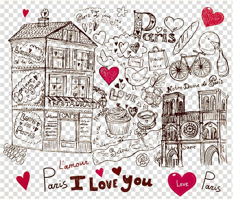 Paris Drawing Cartoon, Romantic Paris transparent background PNG clipart