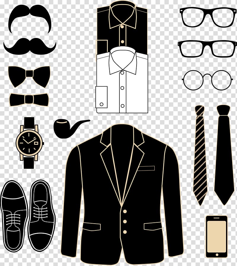 black suit jacket, necktie, and eyeglasses illustration, Suit Clothing Fashion Illustration, Men\'s suits shirts neckties shoes transparent background PNG clipart