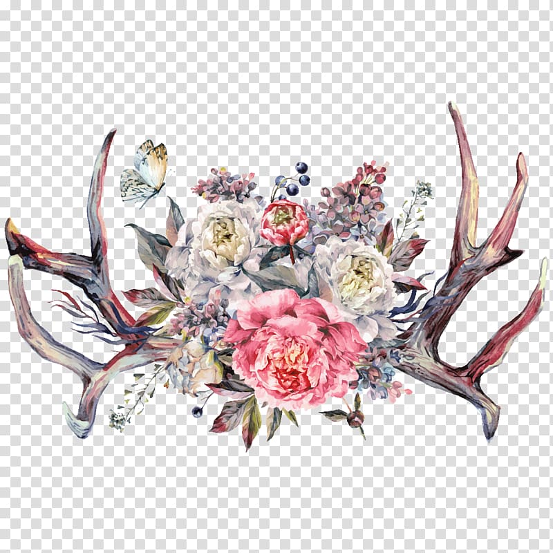 Floral design Peony Antler Watercolor painting Drawing, peony transparent background PNG clipart