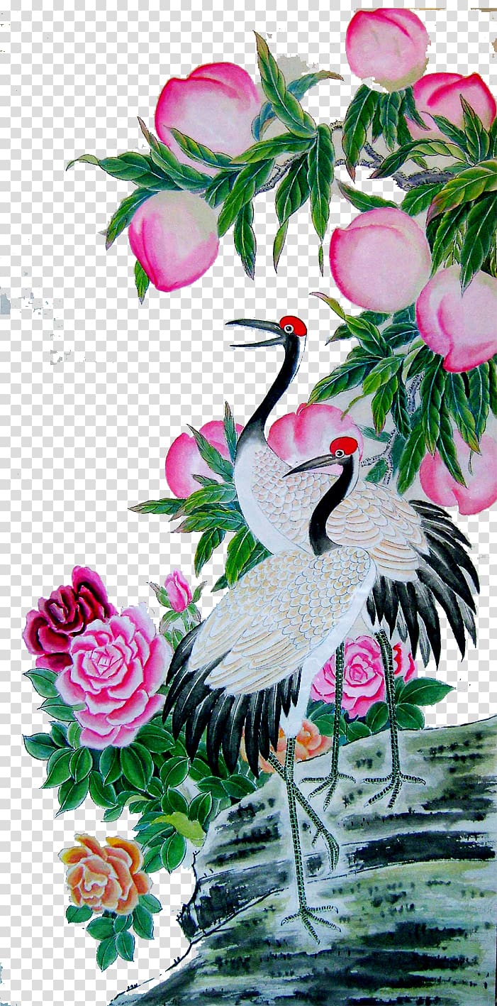 Water bird painting Floral design Feng shui, peach transparent background PNG clipart