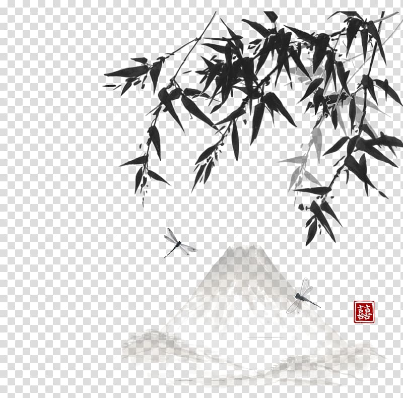 dragonfly and mountain illustration, Japan Ink wash painting Landscape painting, Chinese painting transparent background PNG clipart