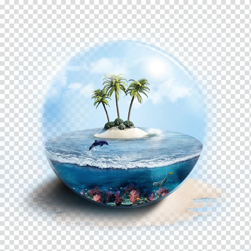 palm tree island water globe illustration, Kuta Bali Island Tourism, Tourism glass ball inside the sea islands dolphin transparent background PNG clipart