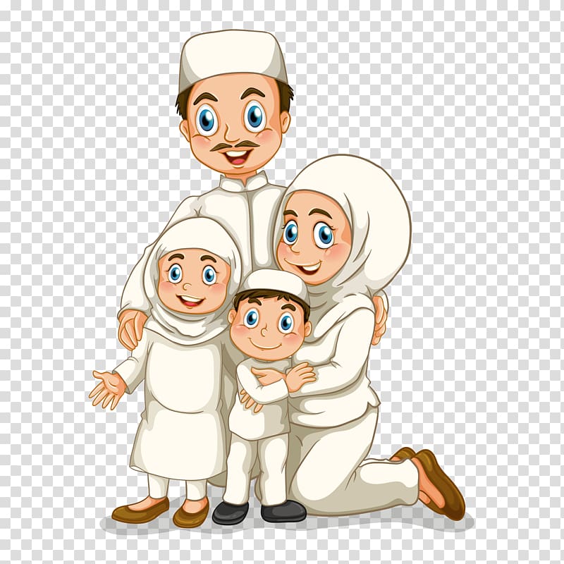 Family Illustration, illustration of Muslim family figures, family of man, woman, girl, and boy illustration transparent background PNG clipart