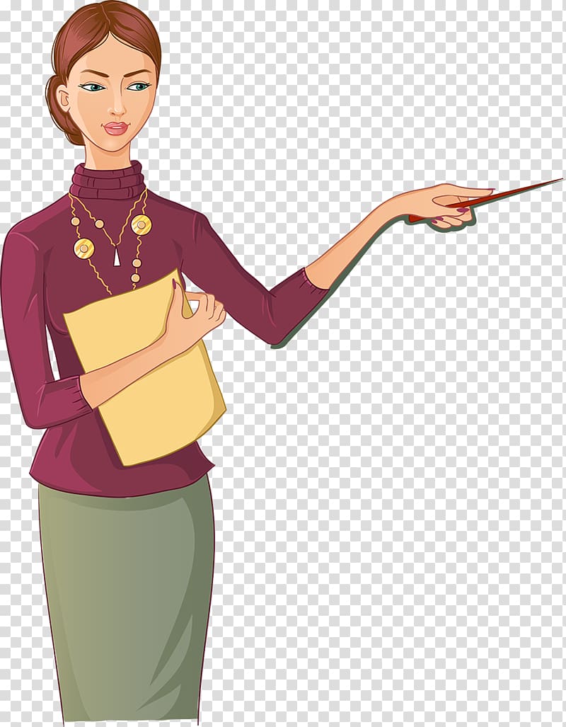 illustration of woman in red elbow-sleeved shirt and gray bottoms, Teacher School Cartoon, Cartoon teacher transparent background PNG clipart
