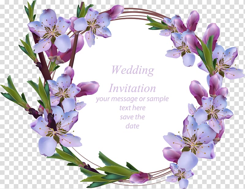 purple and pink cherry blossoms wedding invitation illustration, Wedding invitation Flower Wreath illustration Euclidean , hand painted purple wreath transparent background PNG clipart