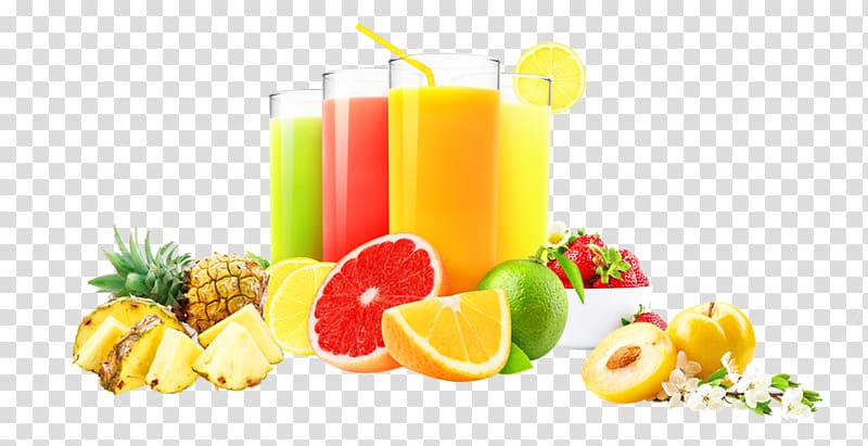 assorted juices on glasses and sliced of fruits illustration, Orange juice Ice cream Smoothie Orange drink, Creative fruit juice transparent background PNG clipart