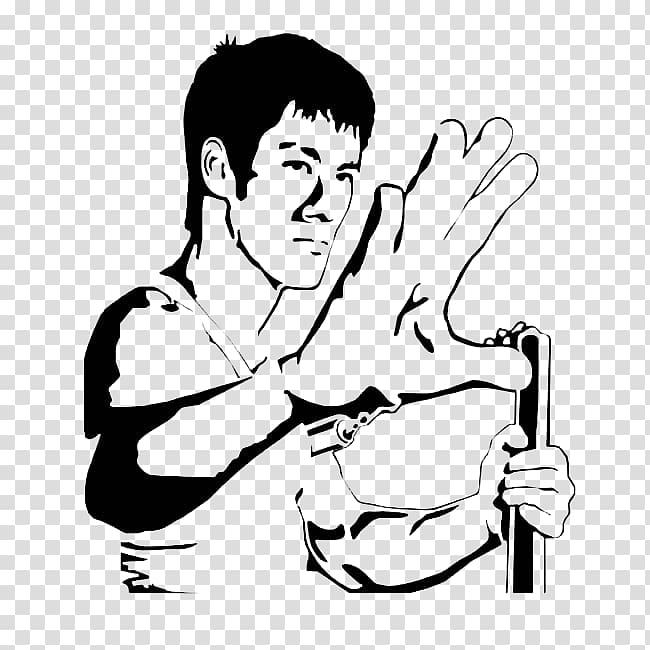 Bruce Lee illustration, Bruce Lee Sticker Wall decal Stencil, Bruce Lee black and white cartoon style transparent background PNG clipart