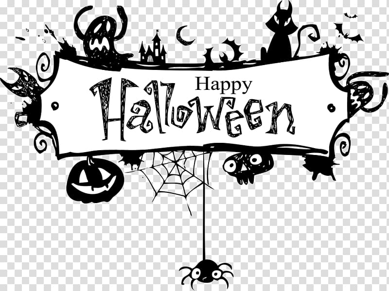 white and black Happy Halloween illustration, Halloween Party Birthday Holiday Trick-or-treating, Halloween poster transparent background PNG clipart