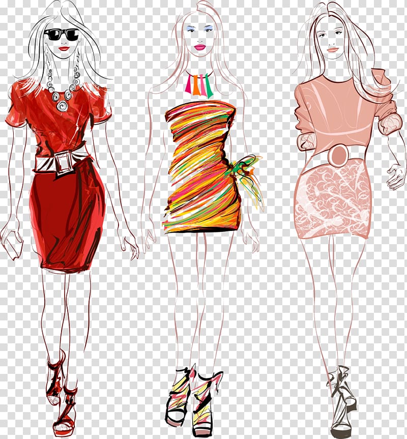three women wearing midi dress illustration, Fashion show , colored dresses beauty transparent background PNG clipart