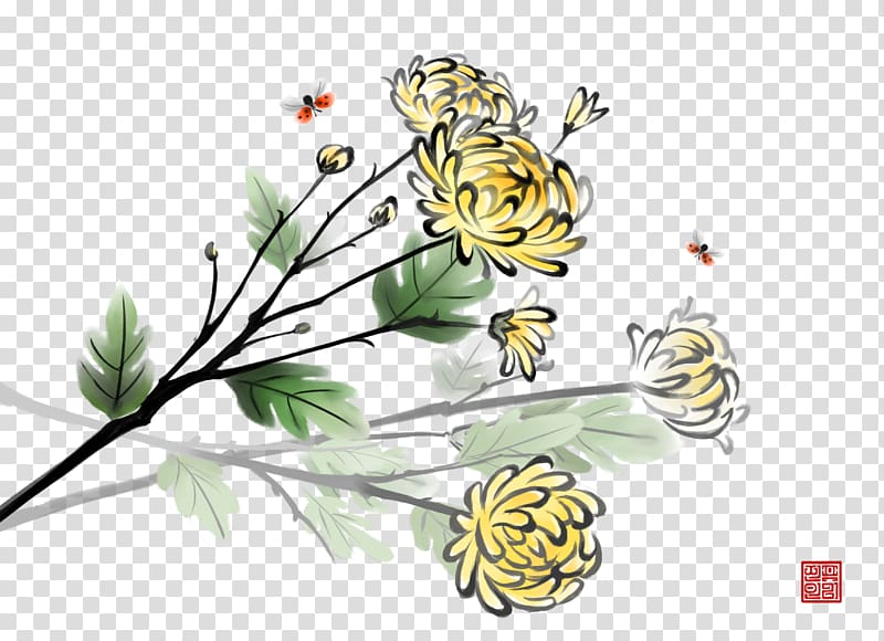Chrysanthemum xd7grandiflorum Ink wash painting Double Ninth Festival, Chinese painting Chrysanthemum transparent background PNG clipart